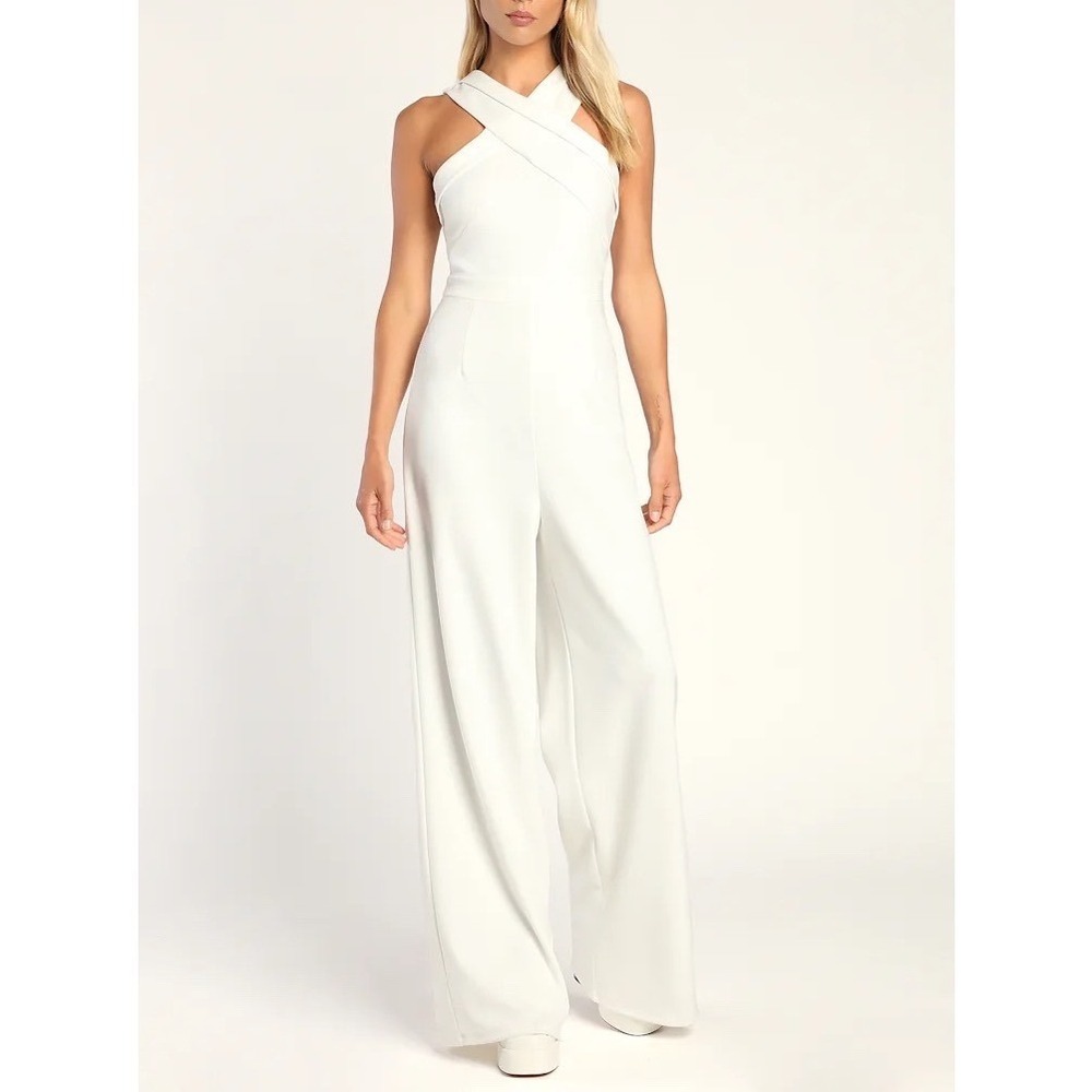 Lulus Criss-Cross Your Mind Jumpsuit Women Small White Stretch Back Zip Wide-Leg